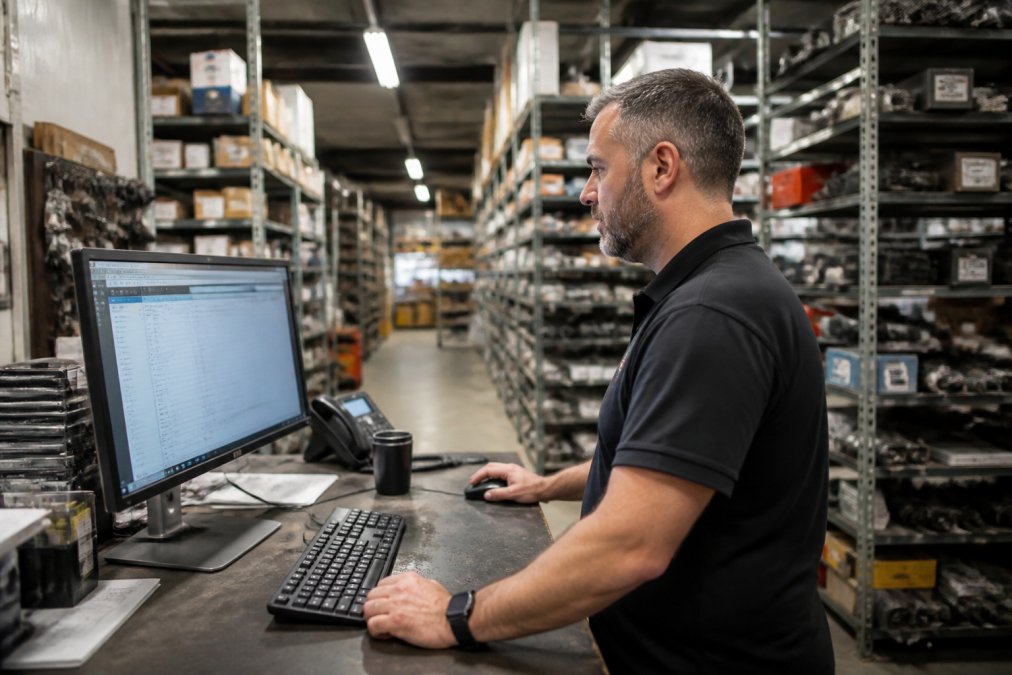 An operations manager reviewing inventory data on a large monitor inside a busy automotive parts warehouse, with rows of shelving units stocked with boxed parts visible in the background under bright fluorescent lighting