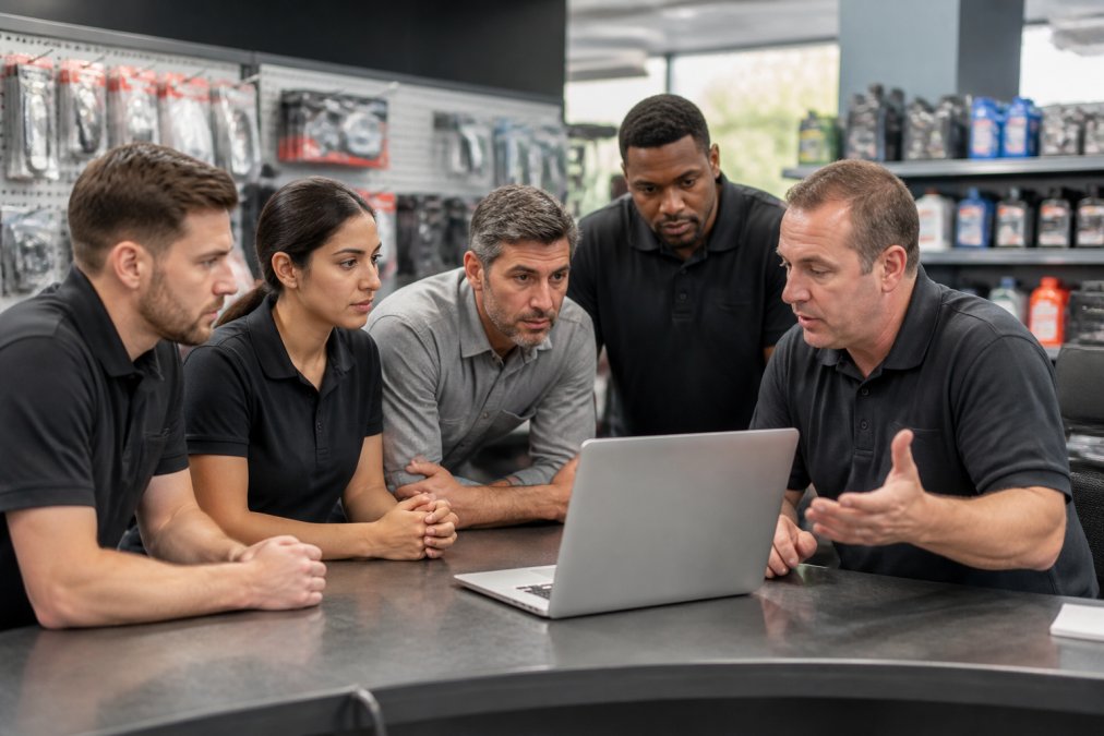A small team of automotive parts store employees gathered around a counter with a laptop, attentively following along with a software training session led by a colleague in a well-lit store environment