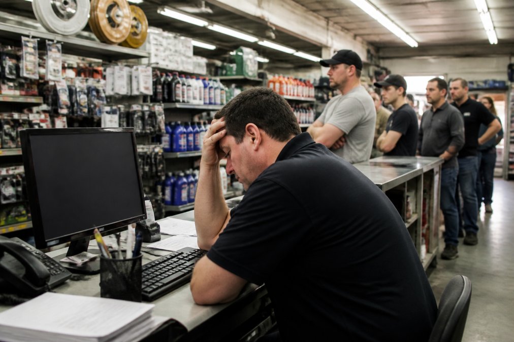 A frustrated auto parts store manager looking at a blank computer screen while a line of customers waits at the counter, fluorescent lighting overhead