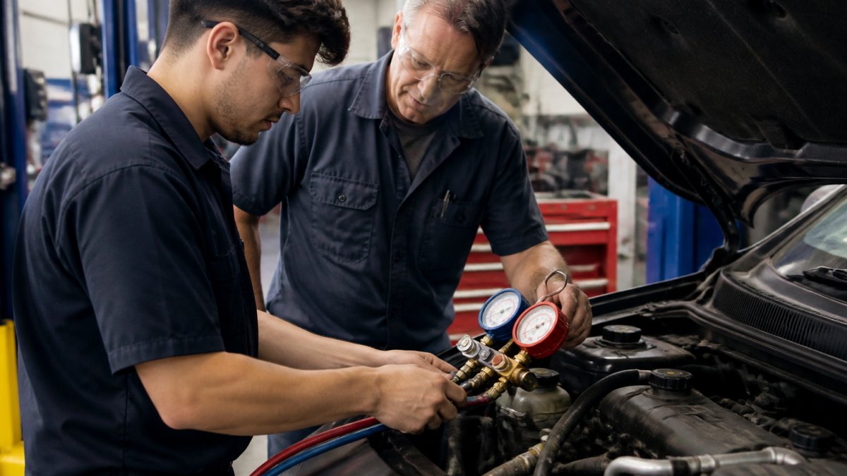 An automotive technician in a workshop connecting refrigerant gauges to a vehicle's air conditioning system, with a trainer observing and guiding the process