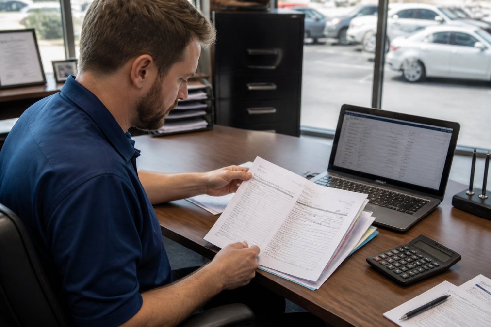 A dealership finance manager reviewing a stack of DMS invoices and contracts at a desk in a bright office, with a laptop showing billing line items and a calculator nearby