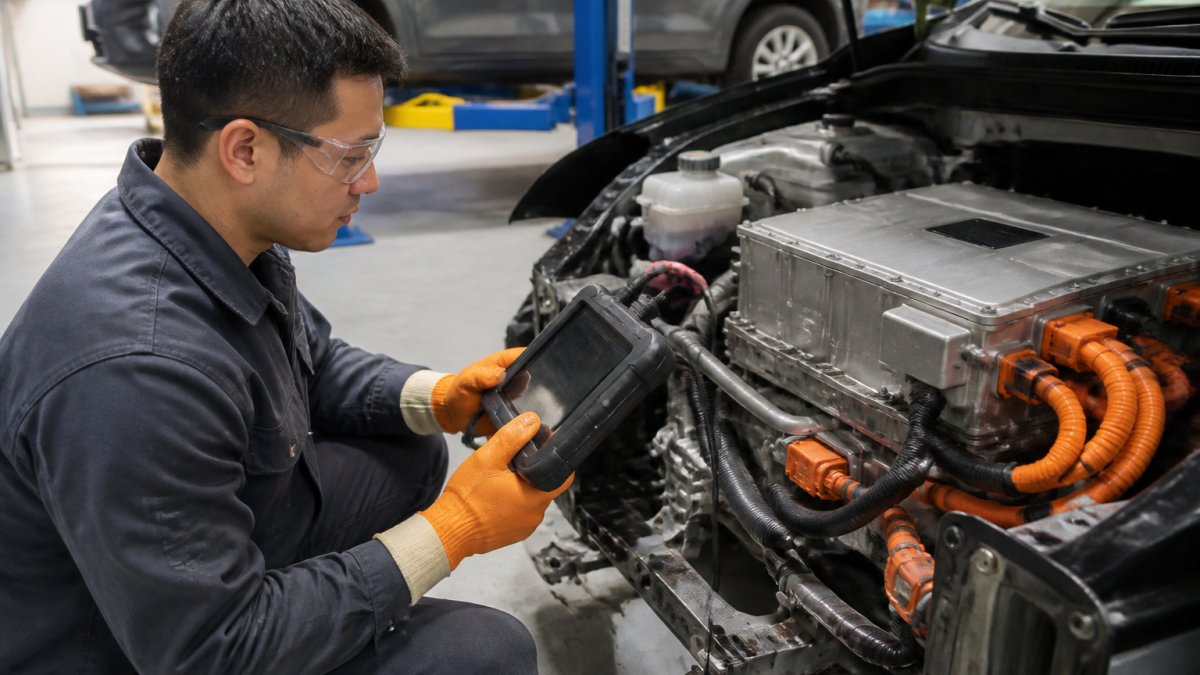 A technician in safety gloves and goggles using a diagnostic tablet connected to an electric vehicle's high-voltage system in a modern workshop
