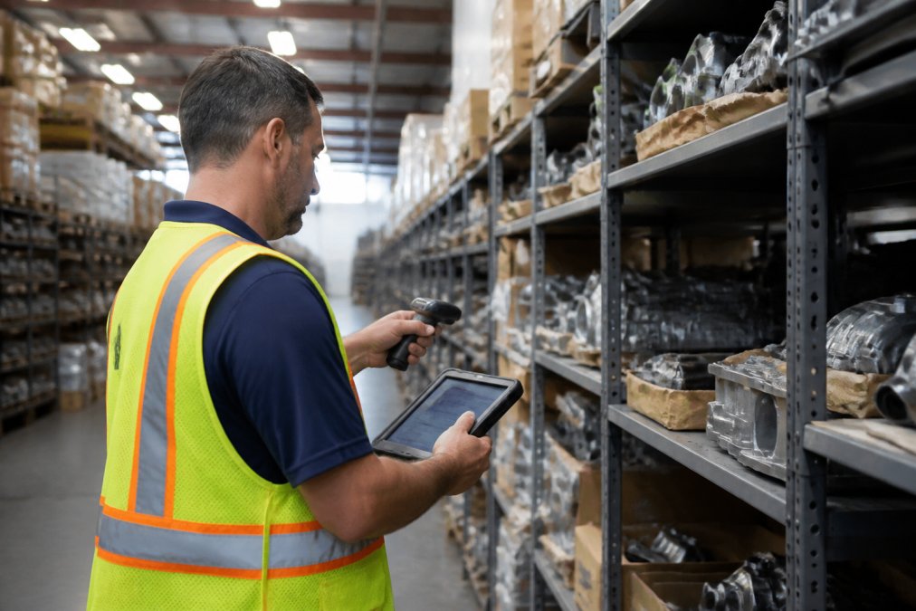 Warehouse manager in safety vest scanning automotive parts on steel shelving with a rugged tablet, inventory counts visible on the screen, overhead fluorescent lighting in a distribution center