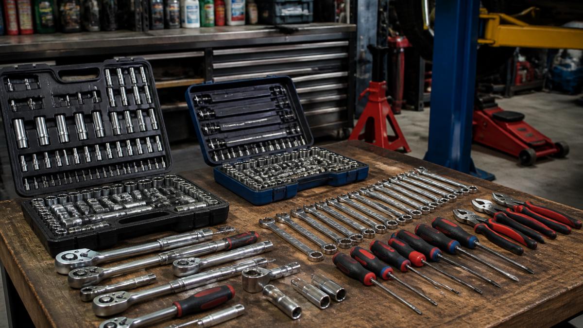 Professional mechanic's workbench with organised socket sets, wrenches, screwdrivers, and lifting equipment arranged systematically, showing proper workshop setup for vehicle maintenance