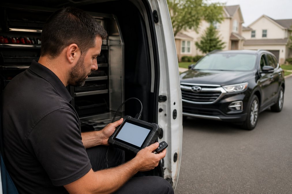 A professional locksmith in a mobile service van programming a car key fob using a diagnostic tablet, with a modern vehicle visible in the background in a suburban Northern Virginia neighborhood