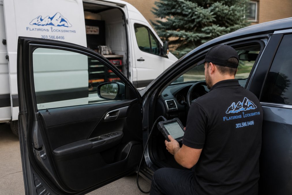Locksmith using a tablet for automotive key programming via a car OBD-II port inside a service van
