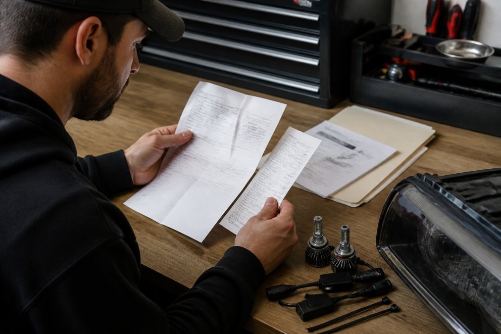 Person reviewing automotive warranty documentation and LED bulb proof of purchase receipt at a desk with vehicle service folder and installation paperwork