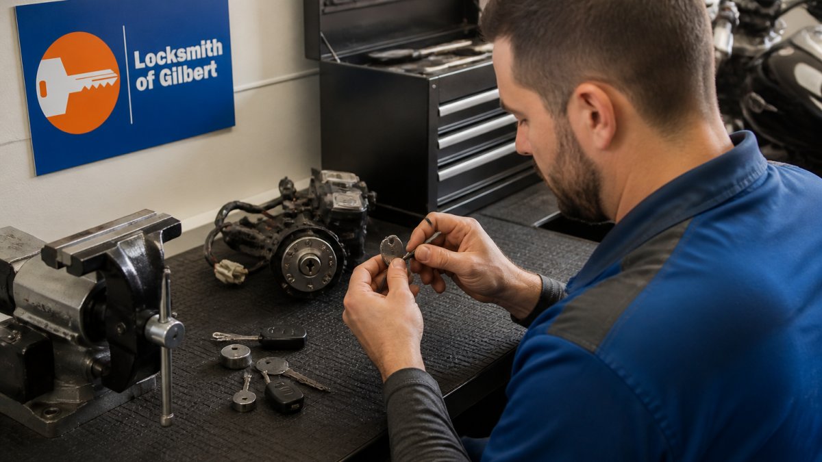 Professional locksmith's hands programming a motorcycle transponder key at a workbench with key blanks, programming tools, and motorcycle ignition components visible under bright work lighting