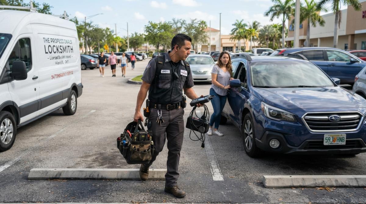 Professional locksmith technician arriving at a vehicle in a parking lot with diagnostic tools and equipment, demonstrating rapid response to an emergency lockout situation in daylight
