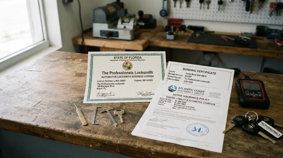 Close-up of a locksmith's professional credentials, license certificate, and insurance documentation laid out on a desk, showing clear details of bonding certificate and active insurance papers