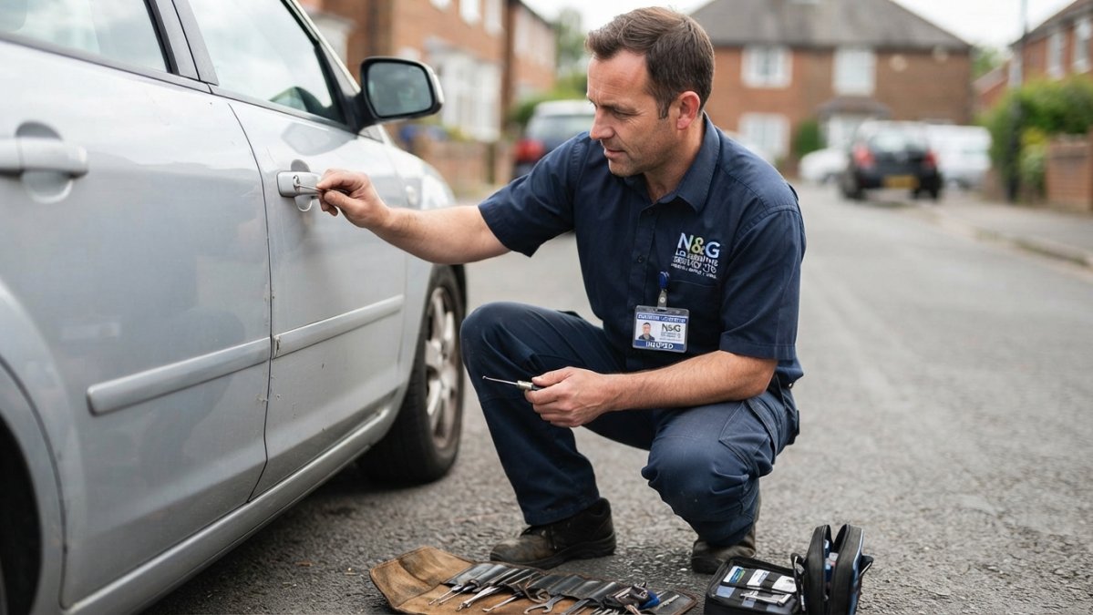 Professional locksmith in uniform with certification badge examining a vehicle door lock with precision tools, demonstrating expertise and trustworthiness in a well-lit setting