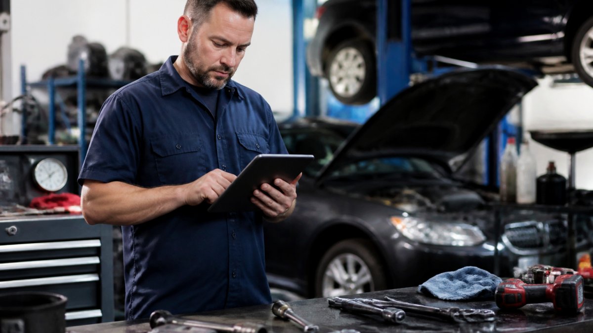Small business owner using automotive maintenance software on a tablet in a busy repair shop