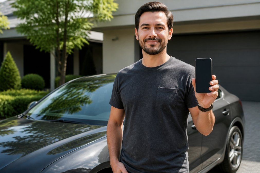 Car owner standing confidently beside their vehicle holding a smartphone displaying a comprehensive digital service history and shareable build profile on the screen