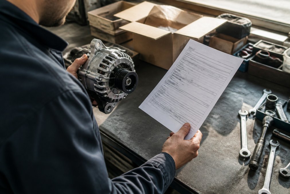 A person holding a replacement car part and warranty documentation on a workbench with tools nearby, examining the paperwork under bright natural light