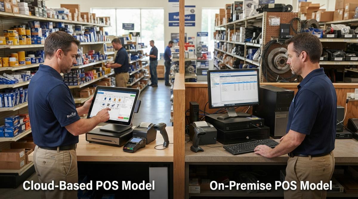 Professional automotive parts store manager reviewing inventory data on desktop POS terminal with shelves of organized parts visible behind, natural retail lighting