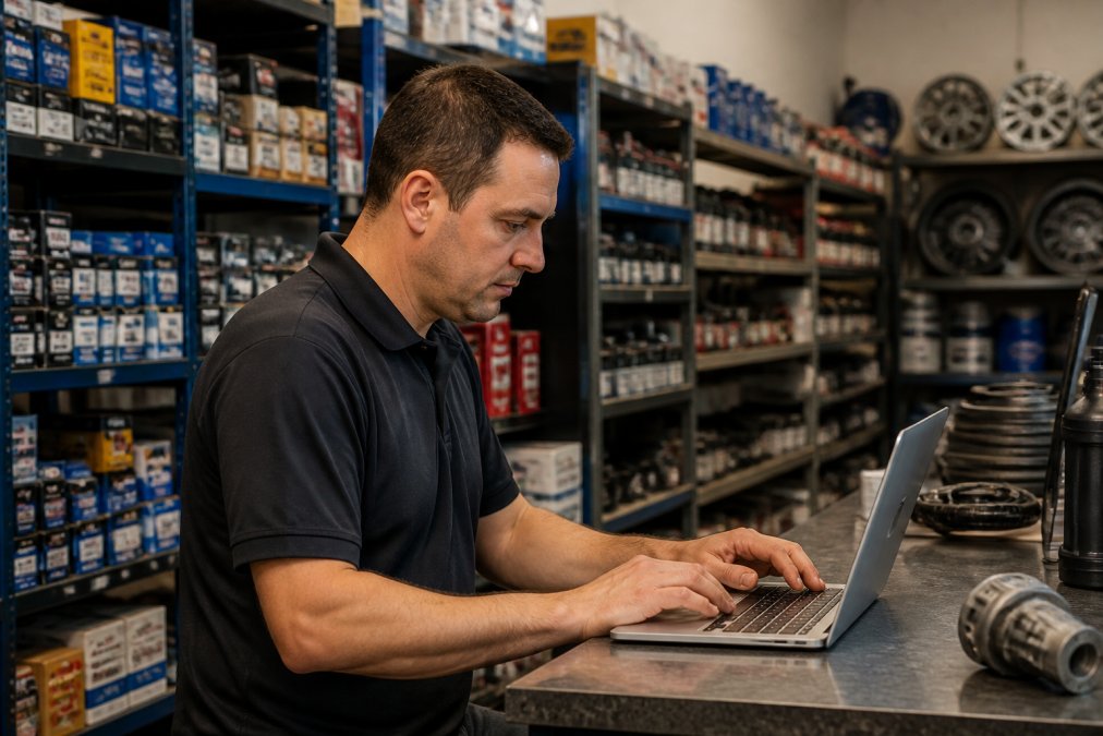 Manager reviewing real-time inventory dashboard on laptop at automotive parts counter with shelves of parts visible in background, natural office lighting