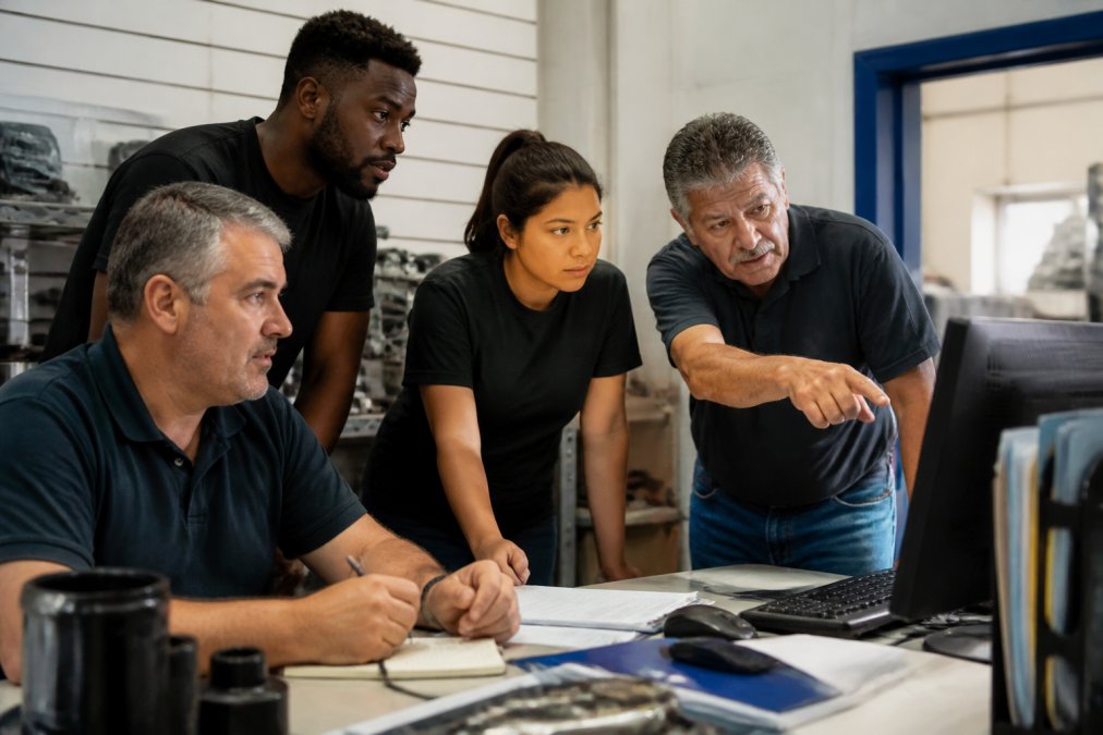 Team of automotive shop staff gathered around computer screen during software demonstration, with notes and questions visible on desk, bright office lighting