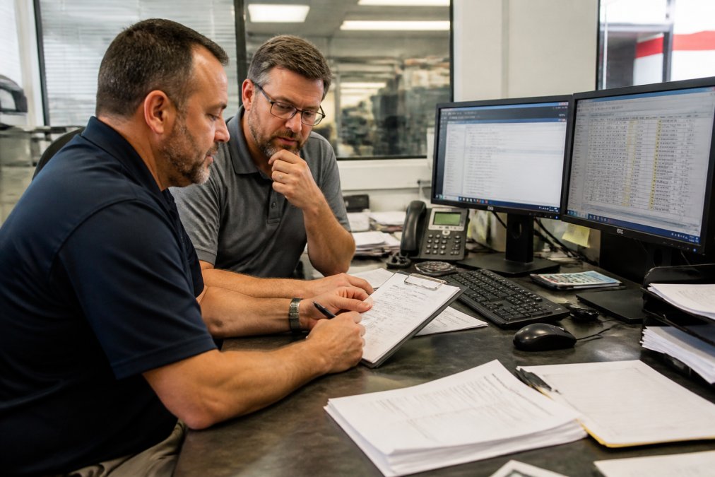 Shop manager and IT director reviewing system documentation and inventory records at a desk with multiple monitors displaying POS data and spreadsheets