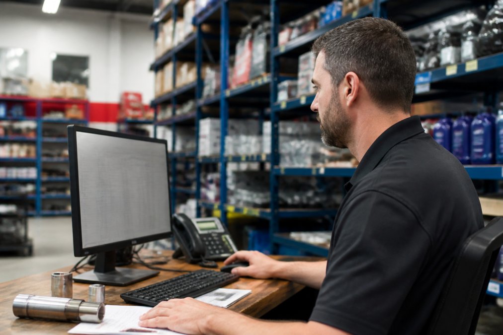 Professional automotive retail manager reviewing real-time inventory dashboard and sales metrics on a desktop monitor in a modern warehouse office with shelves of automotive parts visible in the background