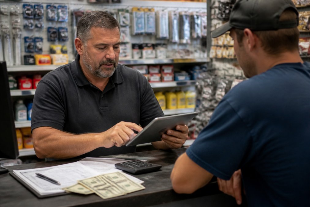 Manager reviewing automotive retail software pricing on a tablet while assisting a customer at a parts counter