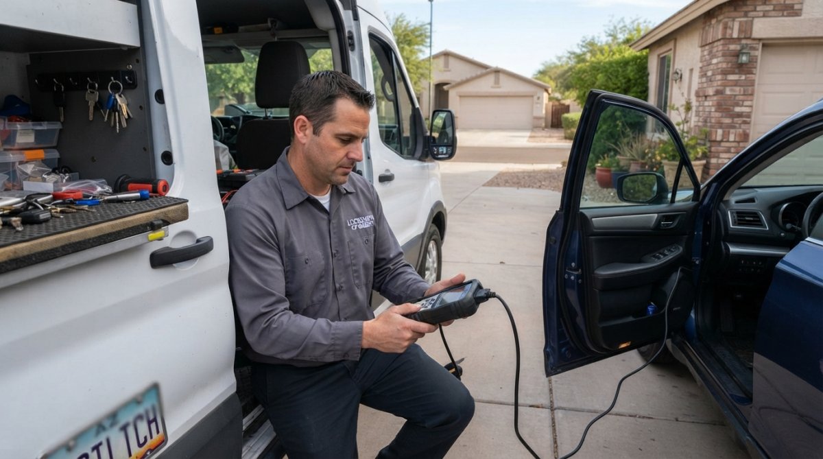 Locksmith using a diagnostic tool for transponder key replacement on a vehicle in a residential driveway
