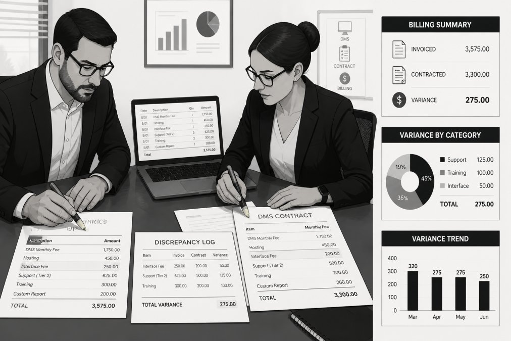 Dealership staff auditing DMS invoices and vendor contract management documents at a table