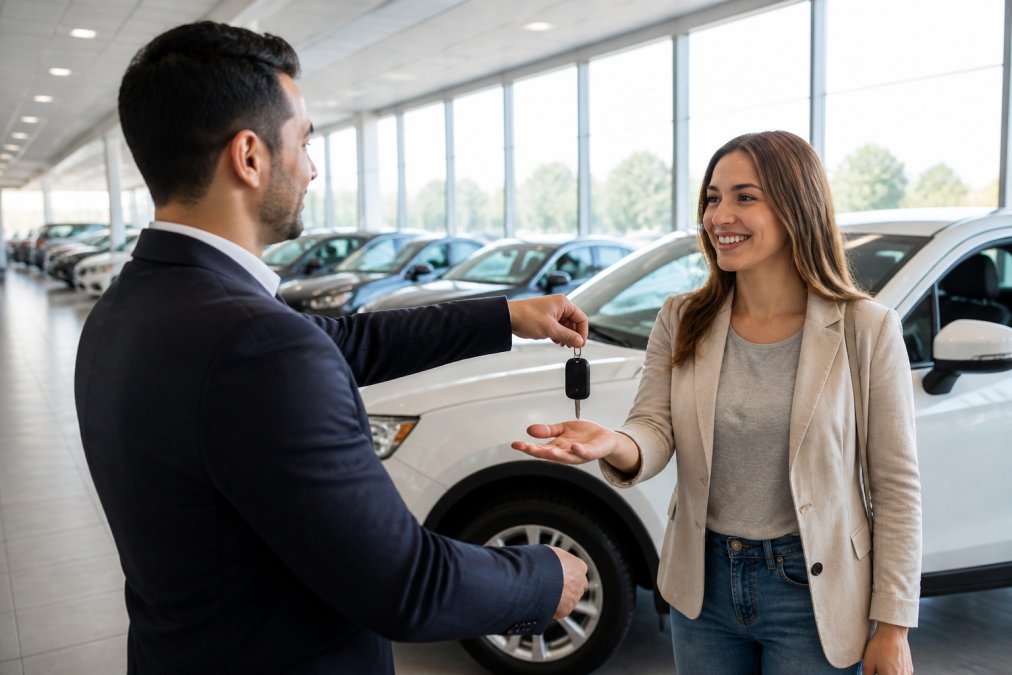 A salesperson handing car keys to a smiling customer inside a bright, modern dealership showroom with rows of pre-owned vehicles visible through large windows