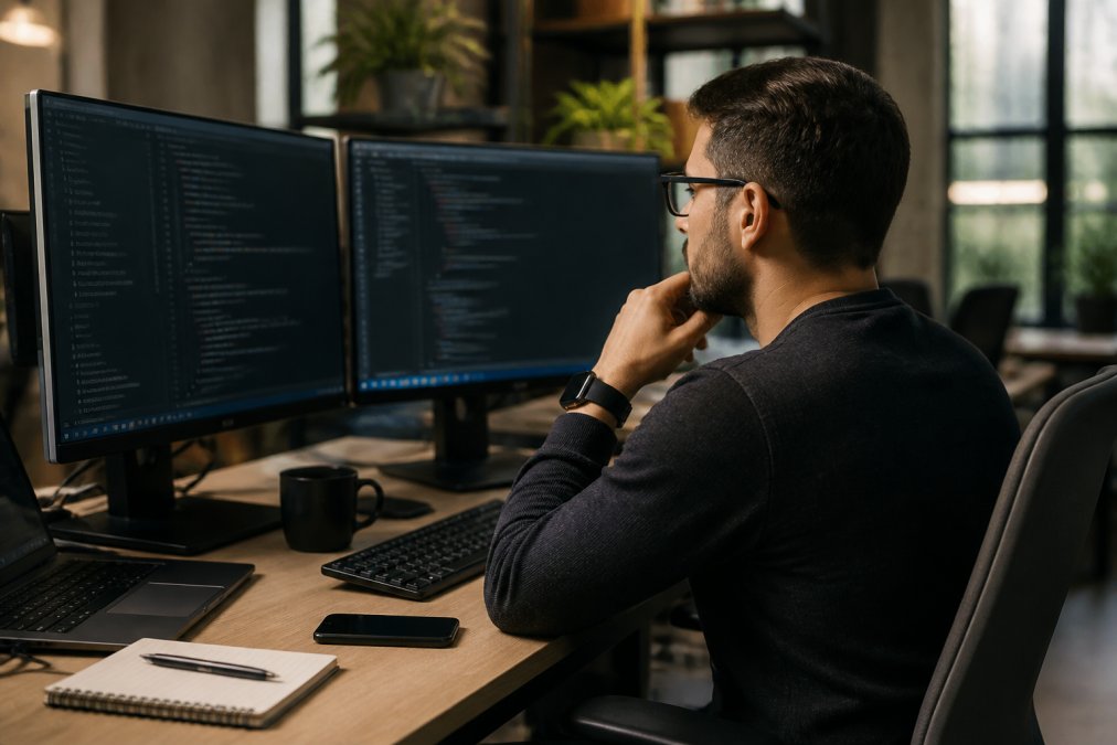AI engineer at a workstation reviewing code and verification workflows on multiple monitors before pushing agent to production environment, with deployment pipeline dashboard visible