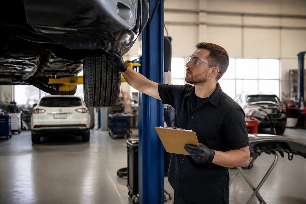 Collision repair technician in safety glasses inspecting a vehicle on a two-post lift inside a clean, well-lit body shop bay