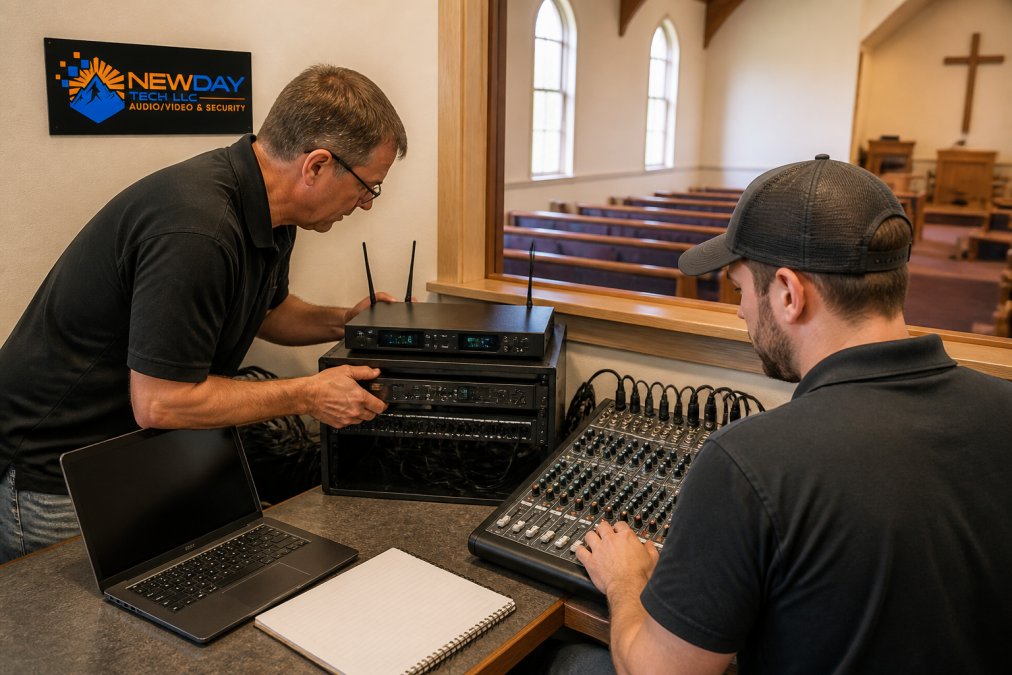 Volunteers installing a mixing console and mic receiver for church av system design in a sound booth