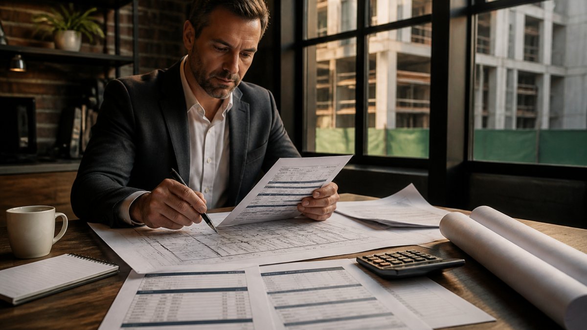 Commercial real estate investor reviewing property renovation plans and financing documents at desk with blueprints, calculator, and loan comparison spreadsheets visible under professional office lighting