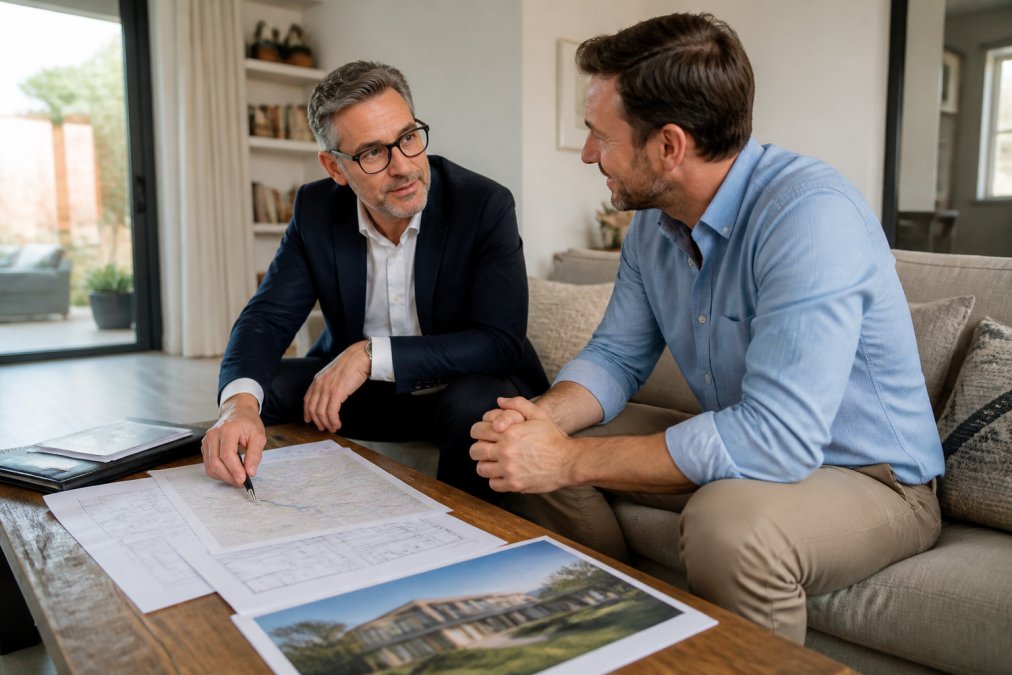 Agent immobilier expérimenté discutant avec un propriétaire dans un salon lumineux, documents d'évaluation et plans du quartier sur la table basse