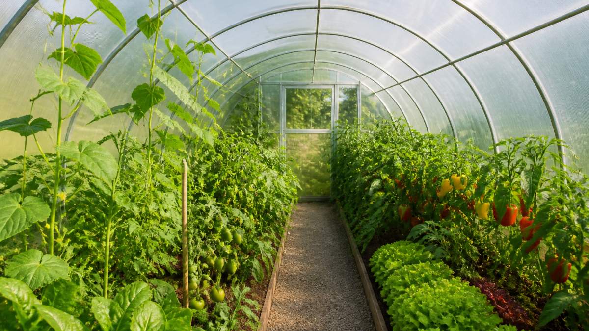 Interior view of a tunnel greenhouse filled with green plants and growing vegetables, with natural light coming through the translucent panels