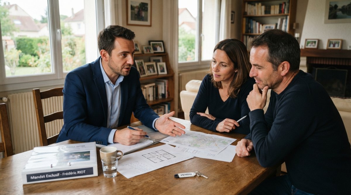 Conseiller immobilier et vendeur signant un contrat de mandat exclusif dans un bureau moderne, avec documents, stylo et sourire de confiance