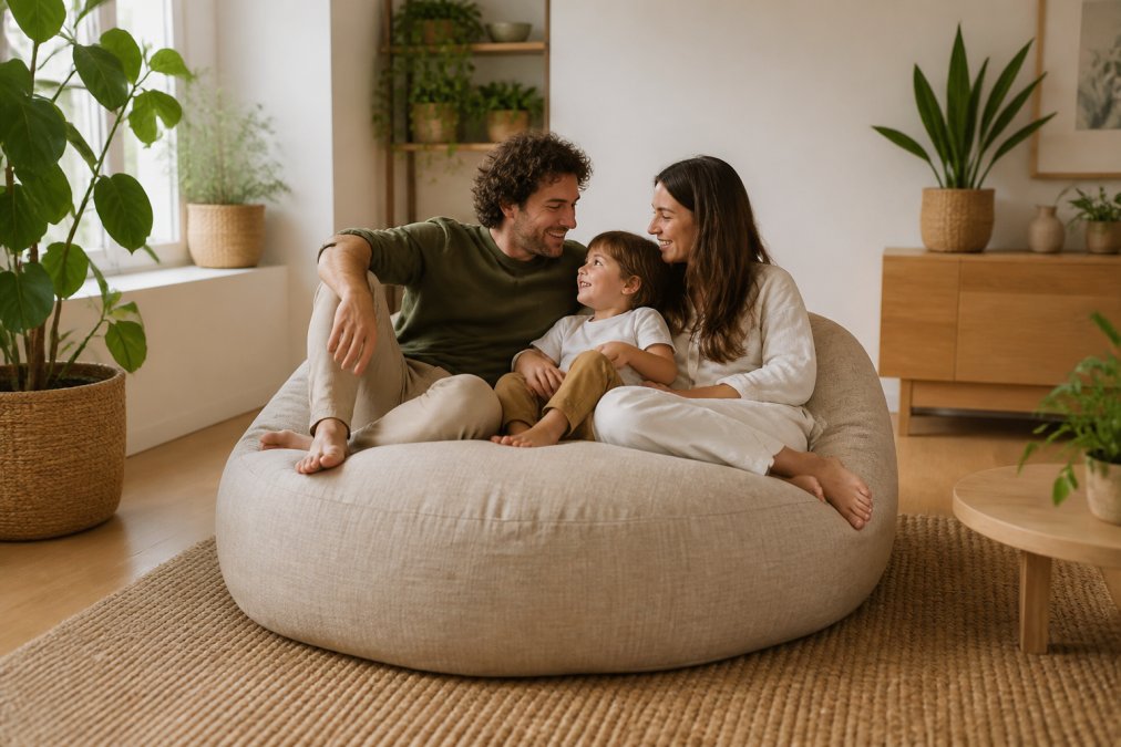 Une famille détendue assise sur un grand pouf en tissu naturel dans un salon lumineux et épuré, avec des plantes vertes et des matériaux bois autour