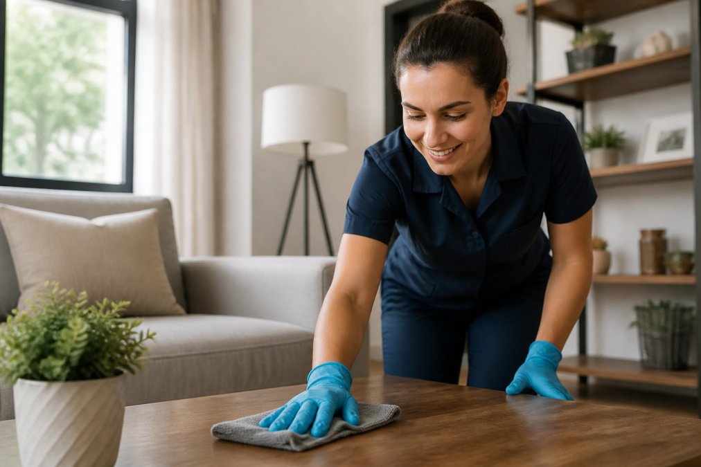 Une professionnelle de l'entretien en uniforme propre essuyant une surface avec un chiffon microfibre dans un salon lumineux, montrant un environnement sain et soigné