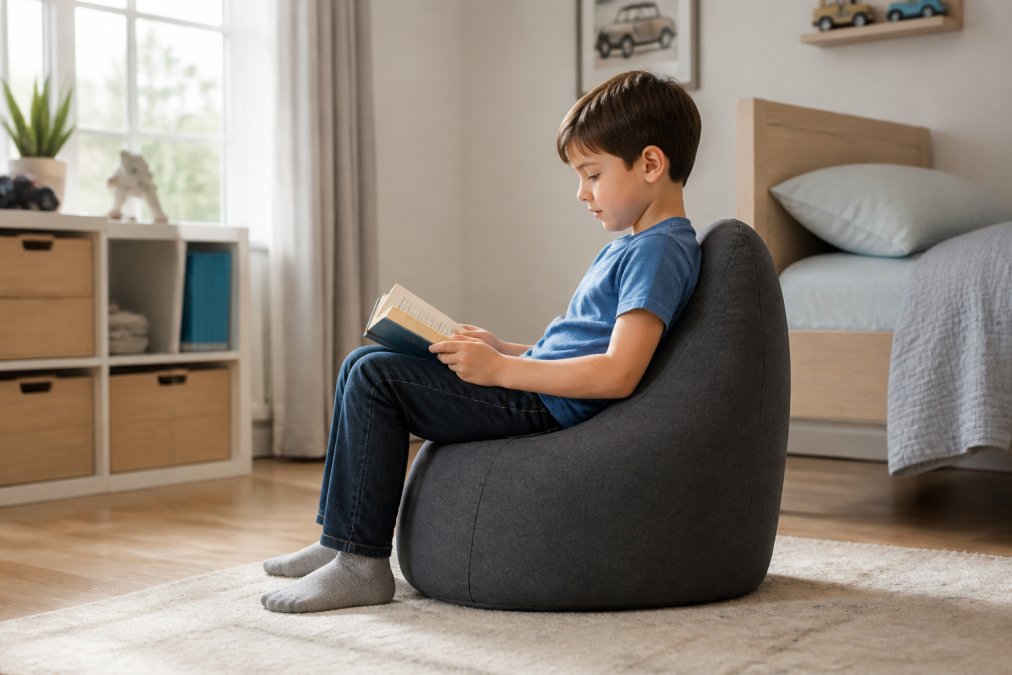 Enfant assis confortablement sur un pouf ergonomique dans une chambre bien éclairée, démontrant une posture correcte avec les épaules détendues et le dos soutenu