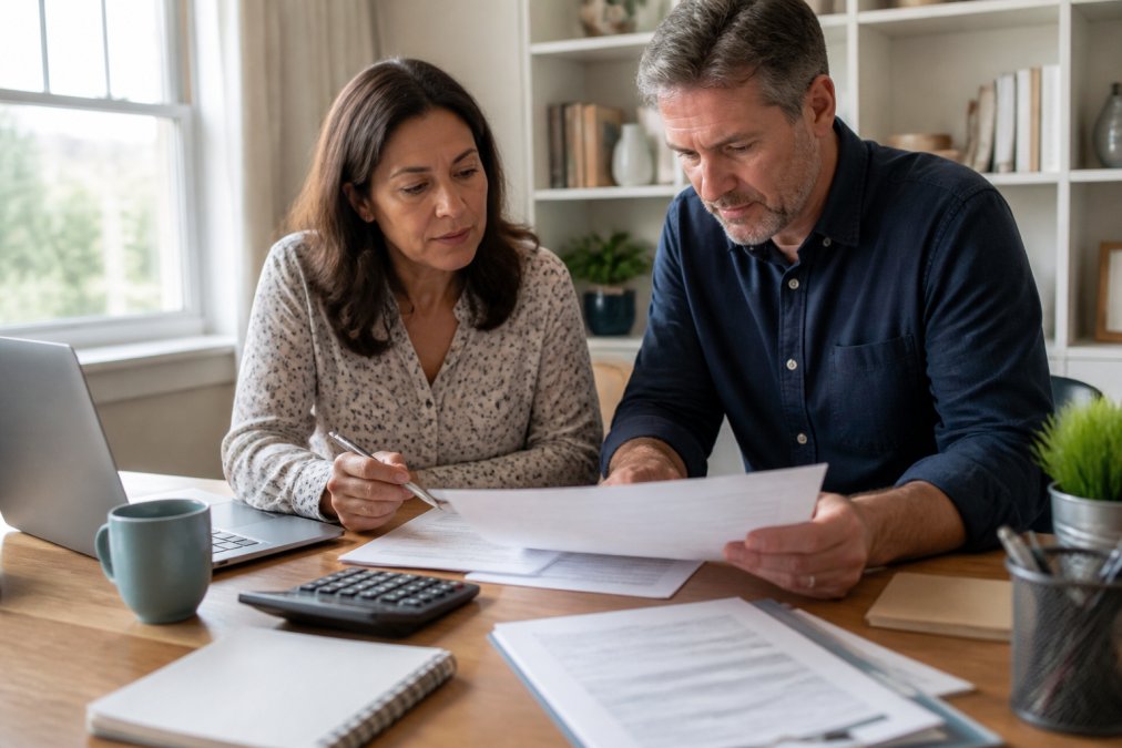 A small business owner and a web developer reviewing a project scope document and laptop screen at a wooden desk in a bright home office