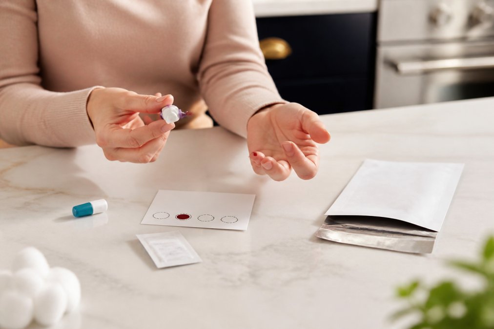 Person collecting a dried blood spot sample at home using a fingerprick test kit, with clear labelling and prepaid return envelope visible on a clean kitchen counter