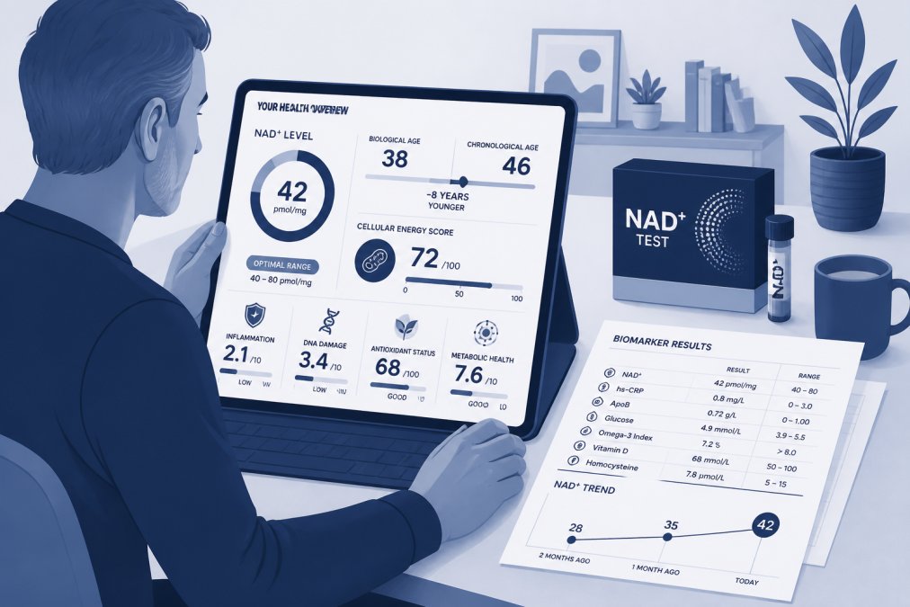 Adult reviewing a personalised health report on a tablet or laptop, with printed results showing biomarkers and NAD+ levels nearby, in a comfortable home setting