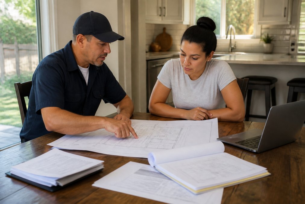 Homeowner and contractor reviewing architectural plans for ADU permit approval at a kitchen table.