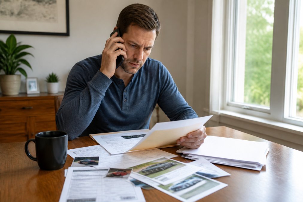 A person sitting at a home desk on the phone with an insurance adjuster, with medical bills, accident photographs, and insurance documents spread across the table in front of them, natural daylight from a window