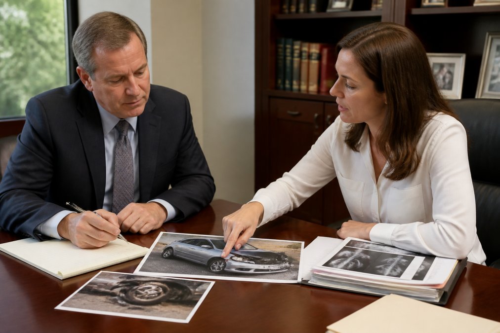 An attorney and client reviewing accident scene photographs and medical records together at a desk, with the client pointing to specific details while the attorney takes notes, professional office setting with natural lighting