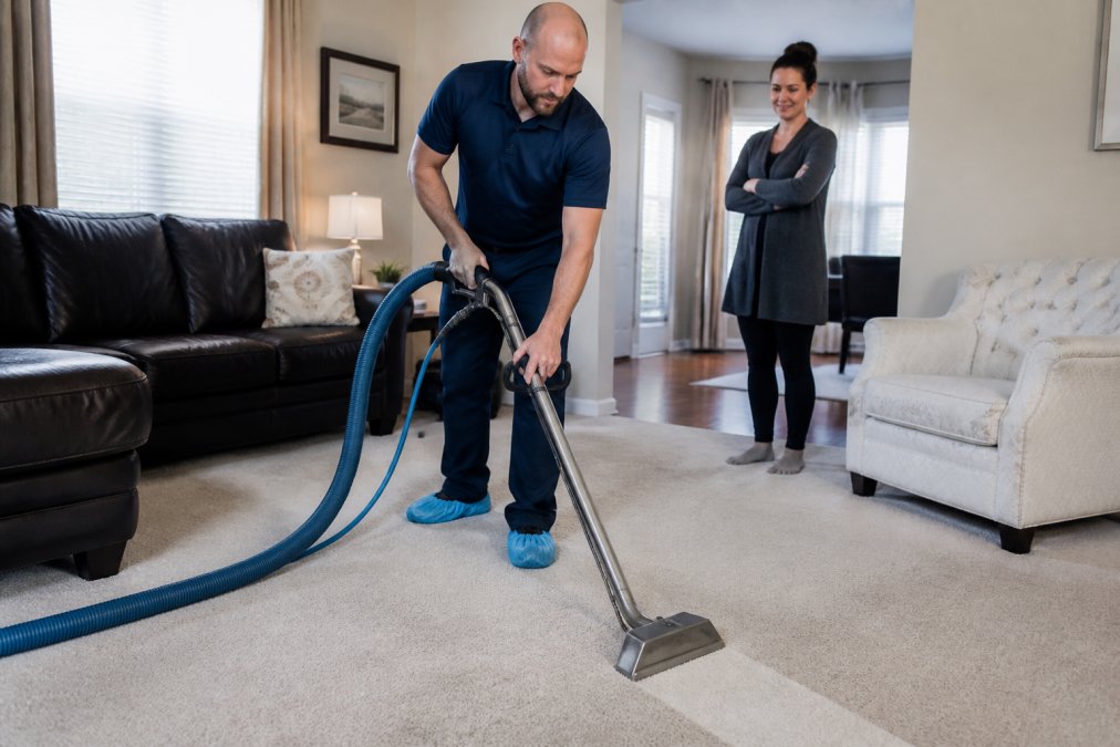 Professional carpet cleaning technician using hot water extraction equipment on residential living room carpet while homeowner observes in background