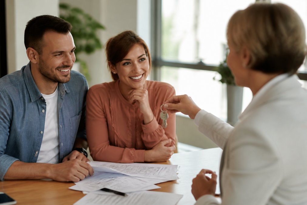 A happy couple receiving the keys to their new home from a solicitor in a bright office, with paperwork spread across the desk