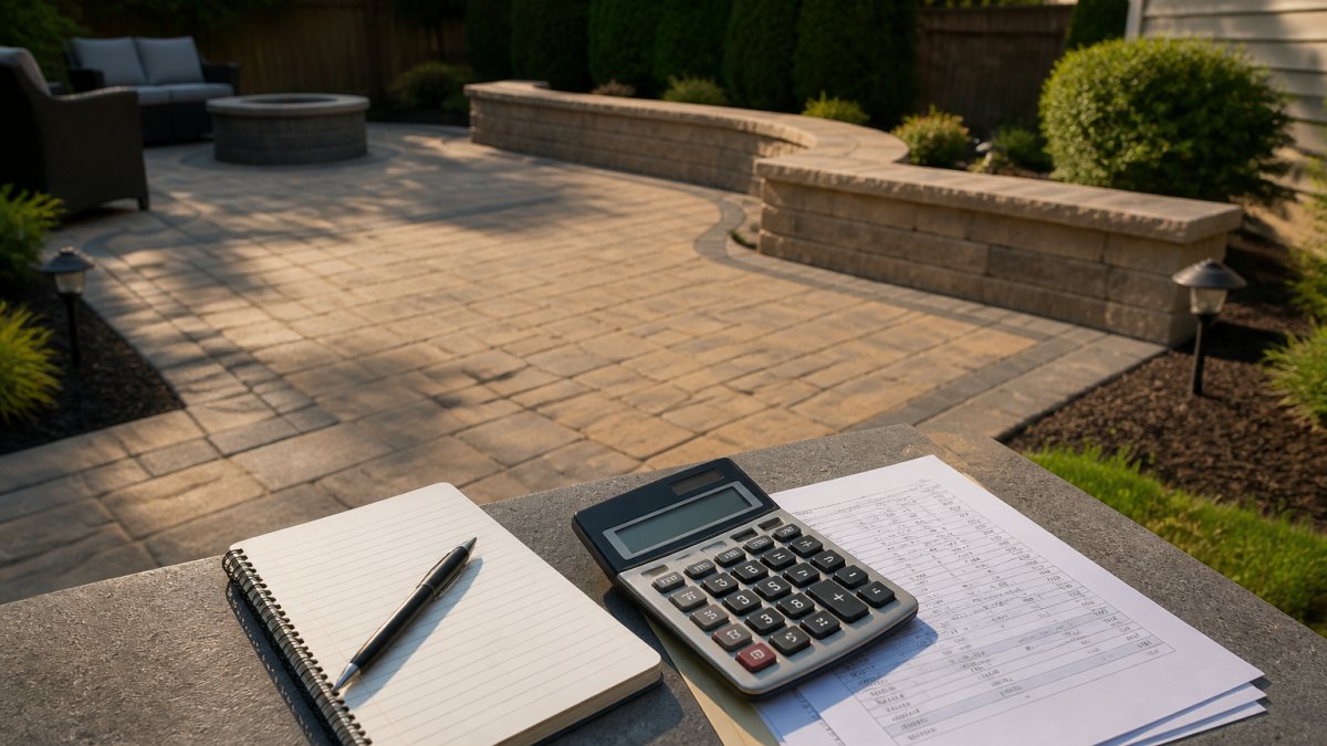 Paver patio with stone retaining walls and landscape borders that influence the average cost for backyard hardscaping