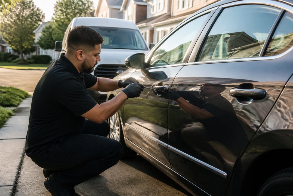 A professional locksmith in a uniform kneeling beside a modern sedan in a residential driveway, using a specialized tool to unlock the driver's side door. The setting is a quiet suburban neighborhood in Northern Virginia in the late afternoon with soft sunlight.