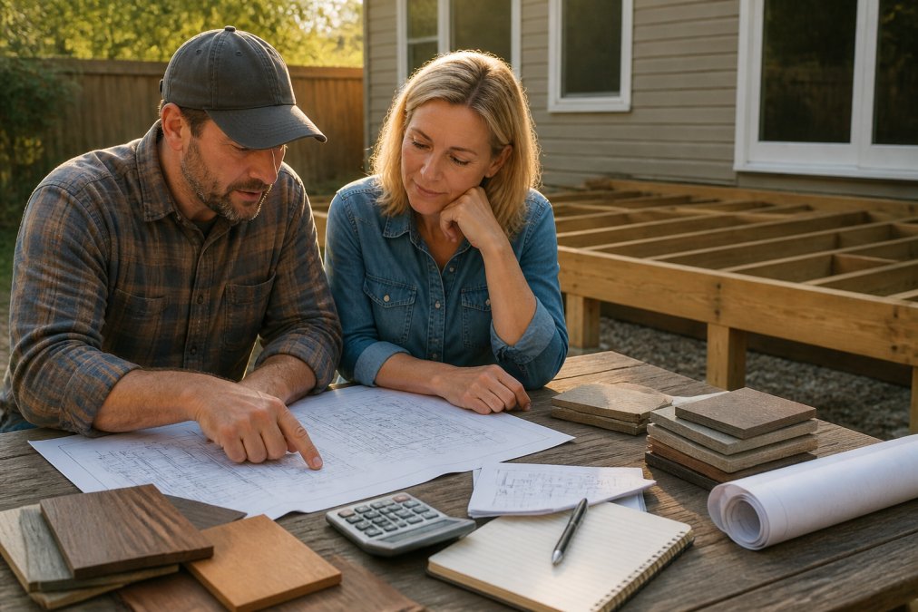 Contractor and homeowner reviewing blueprints and cost data for custom decks on a backyard job site