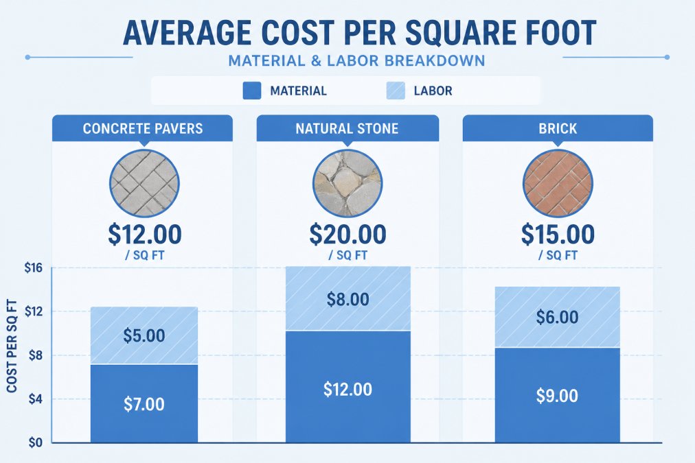 Bar chart comparing average cost per square foot for concrete pavers vs. natural stone vs. brick, showing material and labor portions