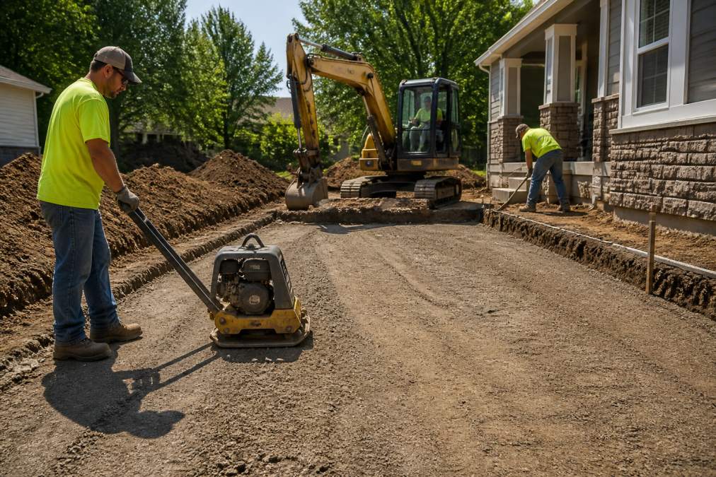 Construction crew operating excavation equipment to prepare subgrade for concrete driveway installation, showing compaction and proper grading in progress